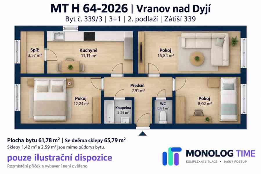 BJ Vranov nad Dyjí, 3+1, ve 2. podlaží, 65,79 m2 včetně skle - foto 2