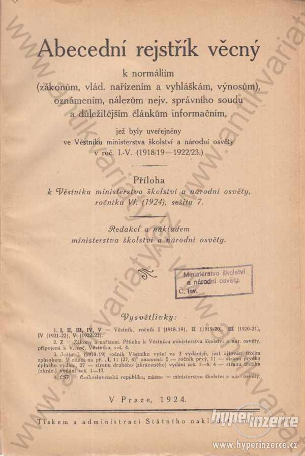 Abecední rejstřík věcný k normáliím 1924 - foto 1