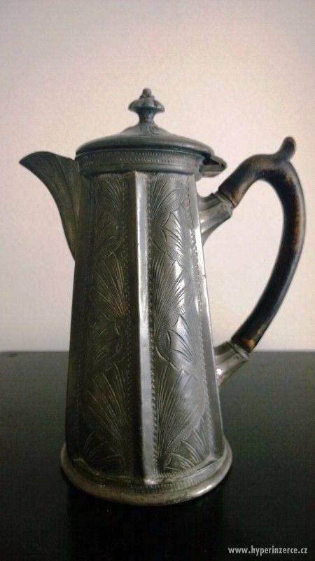 Starožitná cínová konvica na kávu - Anglicko 19. storočie - foto 1