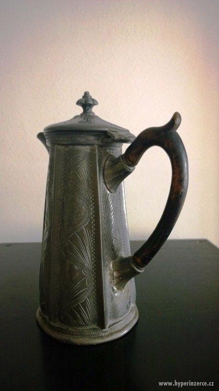 Starožitná cínová konvica na kávu - Anglicko 19. storočie - foto 2