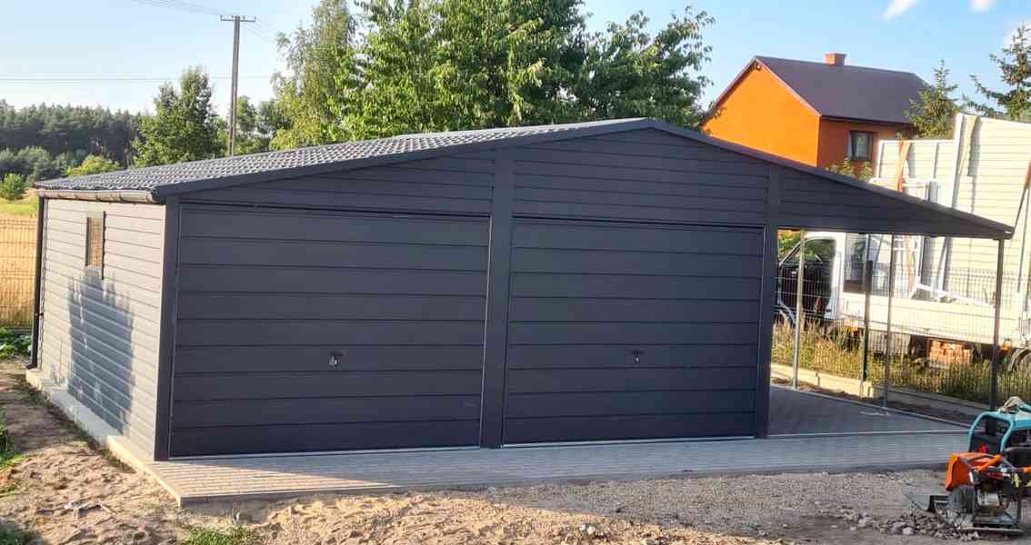 Plechová garáž 6x6m + přístřešek 3m - sedlová střecha TS383 - foto 4
