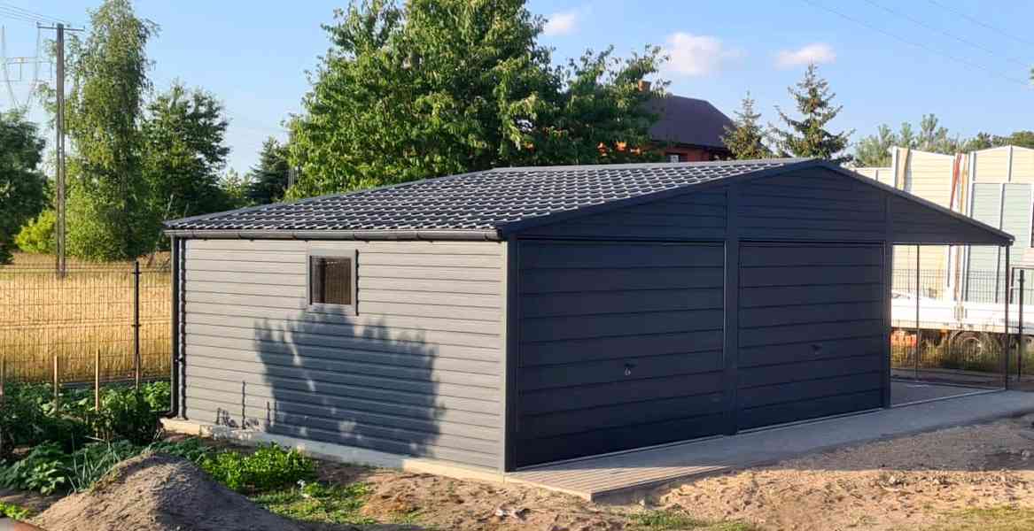 Plechová garáž 6x6m + přístřešek 3m - sedlová střecha TS383 - foto 6