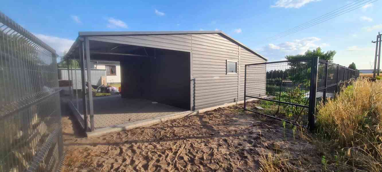 Plechová garáž 6x6m + přístřešek 3m - sedlová střecha TS383 - foto 5