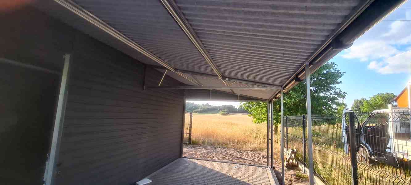 Plechová garáž 6x6m + přístřešek 3m - sedlová střecha TS383 - foto 3
