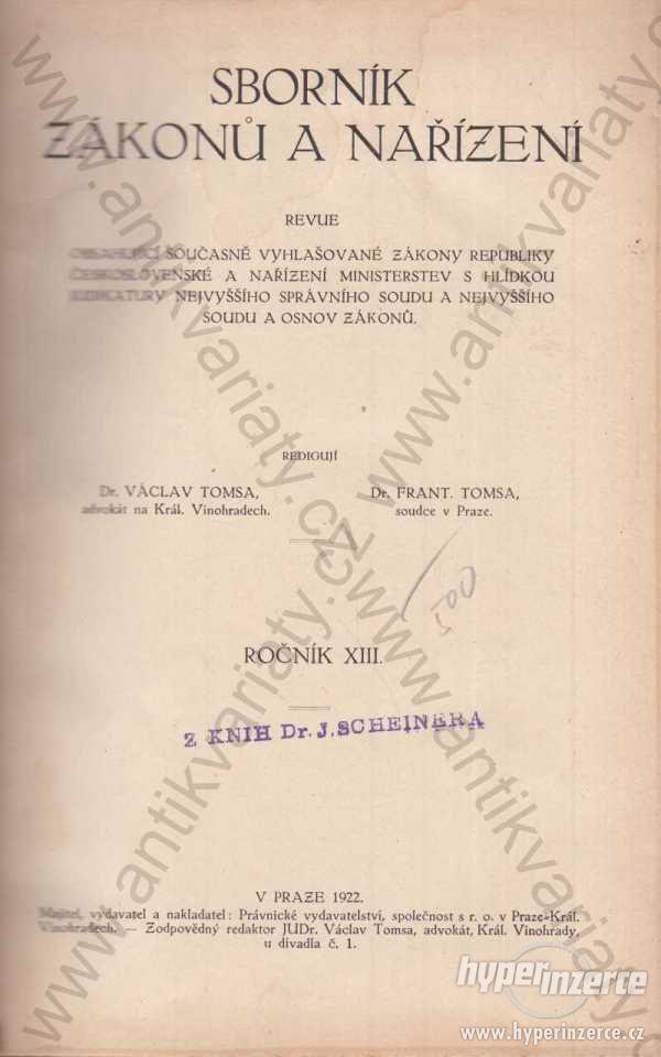 Sborník zákonů a nařízení - ročník XIII. 1922 - foto 1