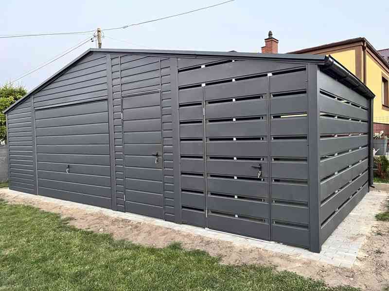 Plechova garáž - 6x5m + přístřešek 2x5 výklopná vrata TS831 - foto 2