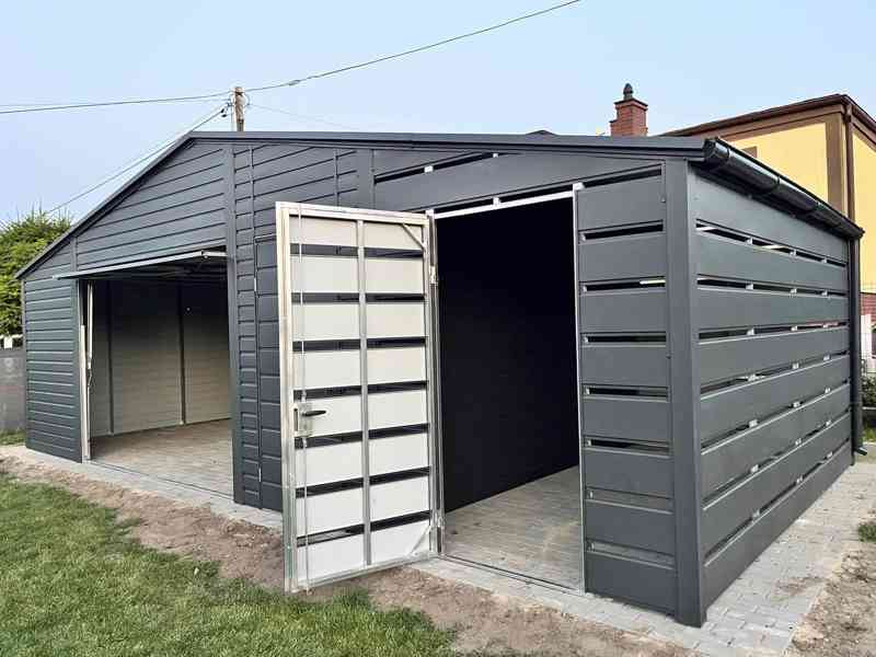 Plechova garáž - 6x5m + přístřešek 2x5 výklopná vrata TS831 - foto 3