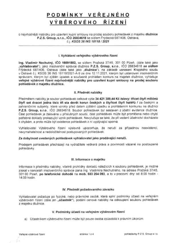 Prodej pohledávky v insolvenčním řízení KSOS36INS18118/2021 