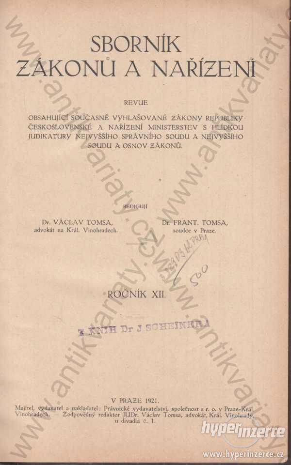 Sborník zákonů a nařízení - ročník XII. 1921 - foto 1