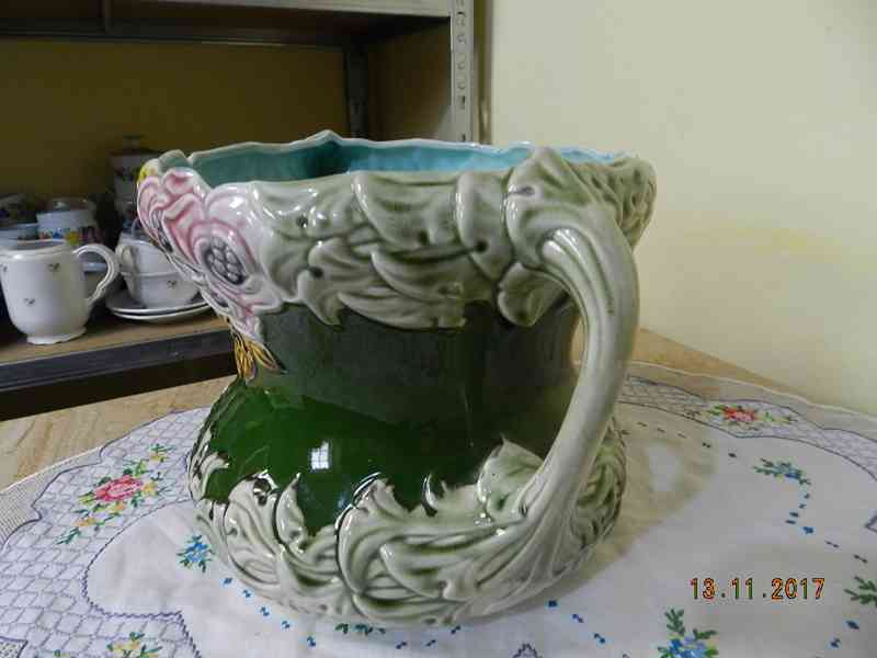 Krásný zelený secesní Květináč Květník Majolika  - foto 7