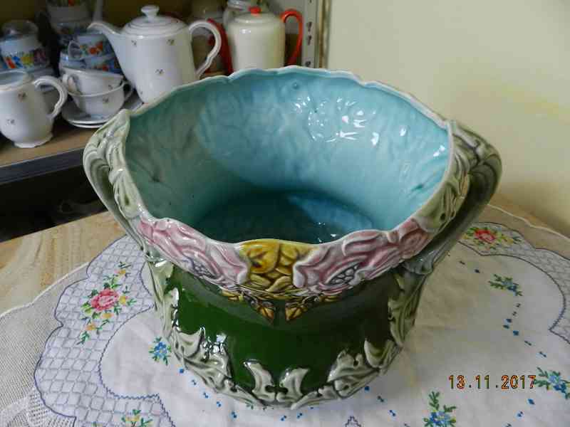 Krásný zelený secesní Květináč Květník Majolika  - foto 6