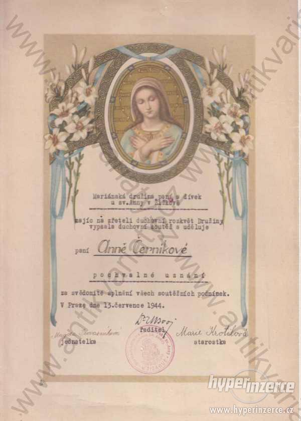 Komplet diplomů Mariánská družina 1929 1930 1944 - foto 1