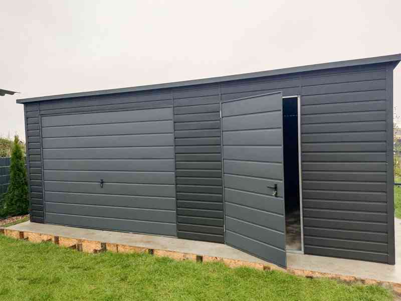 Plechova garáž 7x6m -  výklopná vrata -  dveře - okno TS876 - foto 2