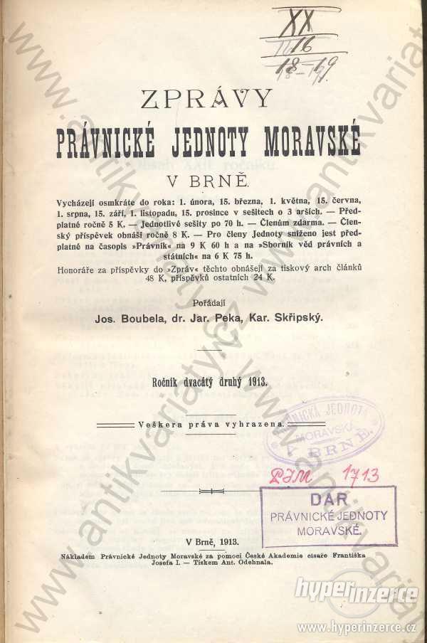 Zprávy Právnické jednoty moravské v Brně  1913-14 - foto 1