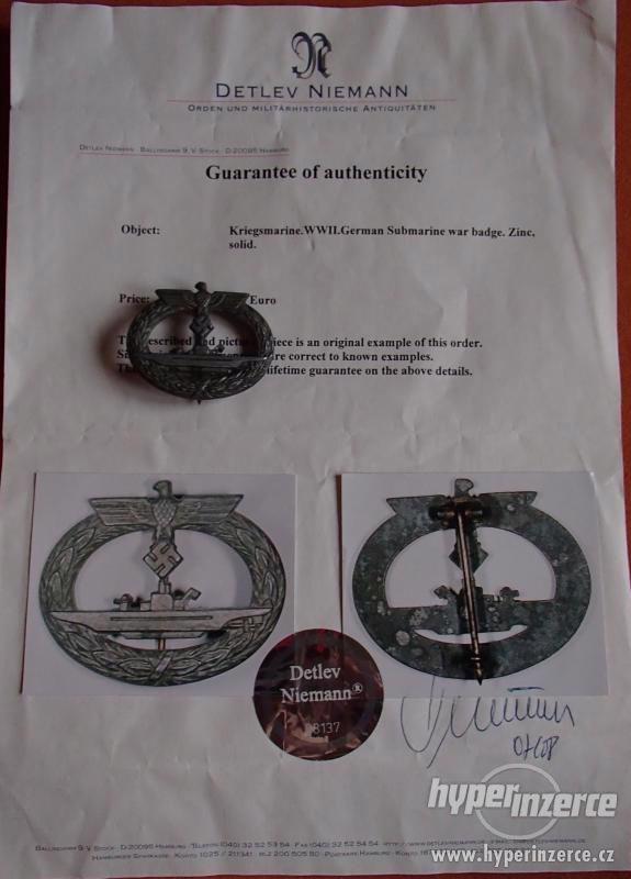 Německý ponorkový odznak s certifikátem originality - foto 2