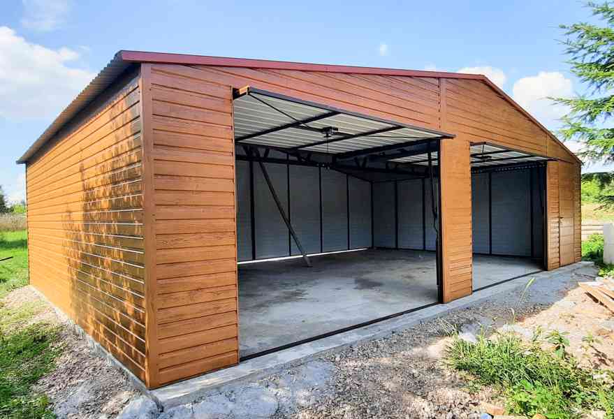 Plechová garáž 9x6m, sedlová střecha, 2x vrata + dveře TS257 - foto 2
