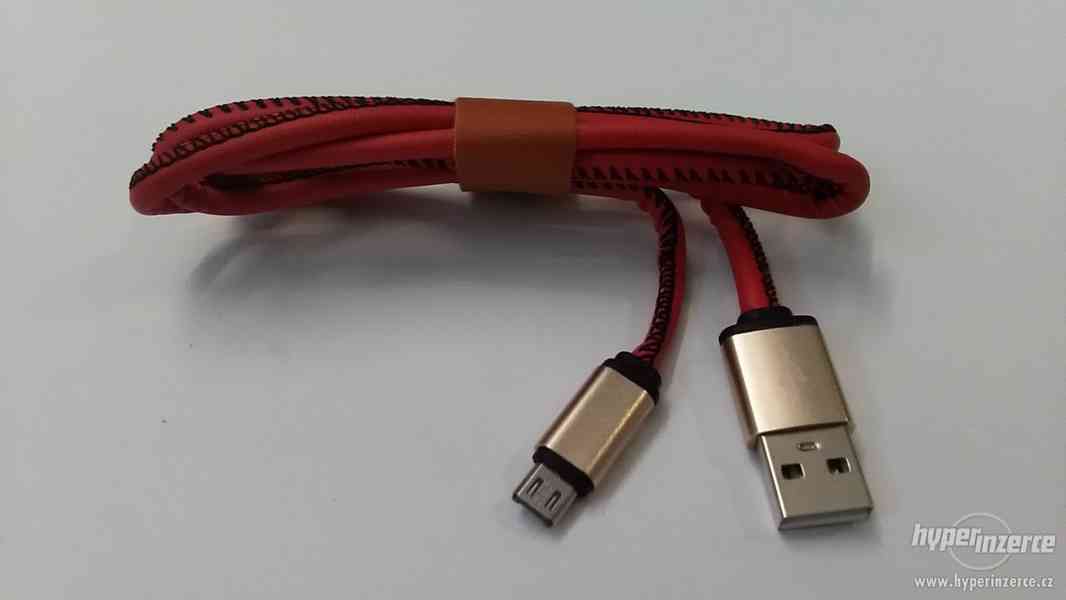 Datový kabel USB / micro USB, 1m, kůže, červený - foto 3
