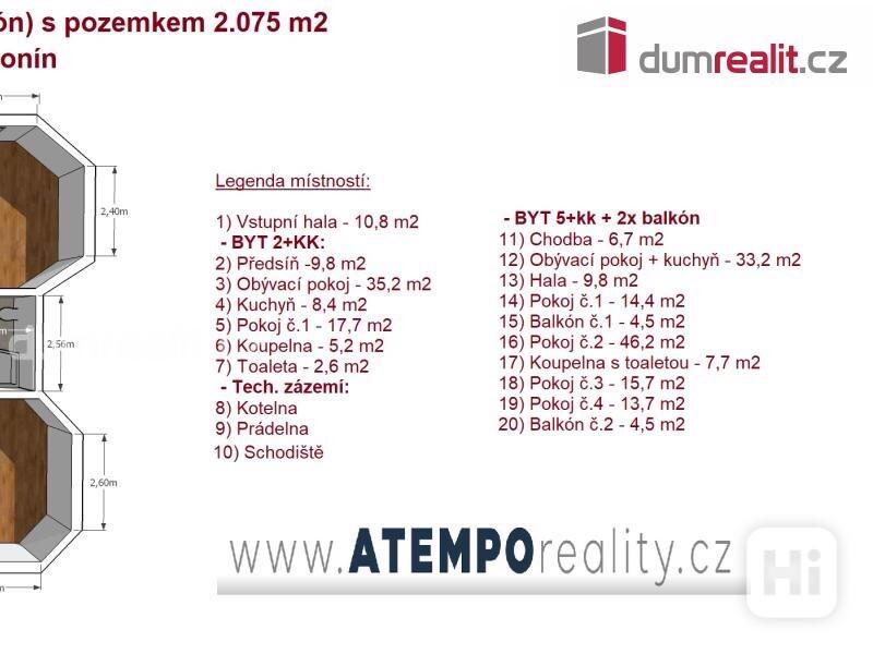 Prodej, dvougenerační rodinný dům (2+kk, 5+kk + 2x balkón) s pozemkem 2.075 m2, Dolní Třebonín - foto 12