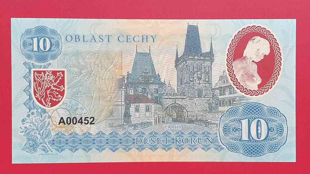 Bankovka 10 korun OBLAST ČECHY PRAHA, číslo A00452, UNC - foto 2