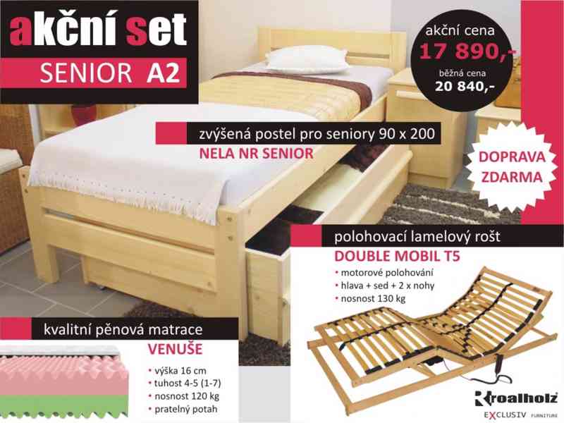 Senior zvýšená postel + rošt + matrace + doprava zdarma - foto 3