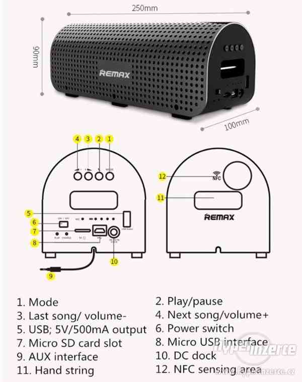 Bluetooth reproduktor 2.1 bass Hi-fi přenosný NFC AUX nový - foto 9