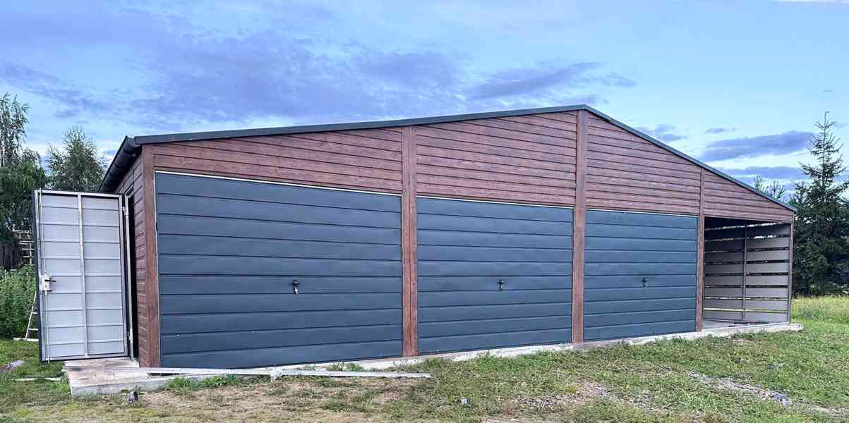 Plechová garáž 9m x 5m + přístřešek 3m - 2x dveře - TS483 - foto 3