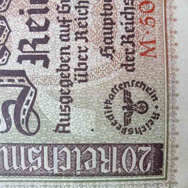 20 Reichsmark – Wehrmacht okupační bankovka Třetí říše - foto 4