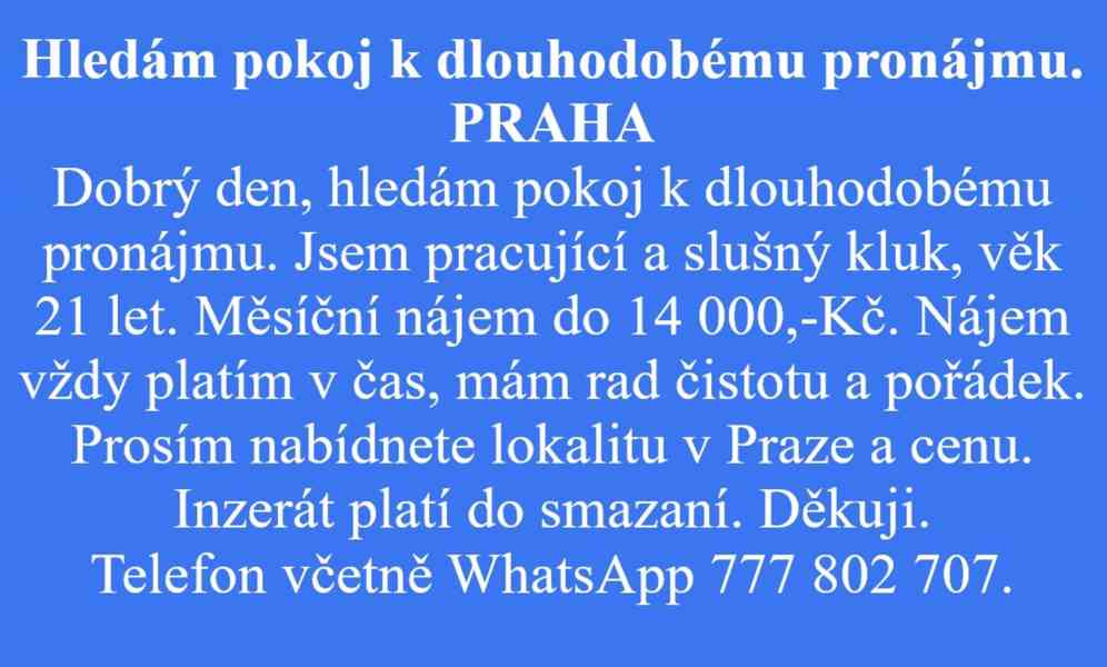 Hledám pokoj k dlouhodobému pronájmu, Praha.