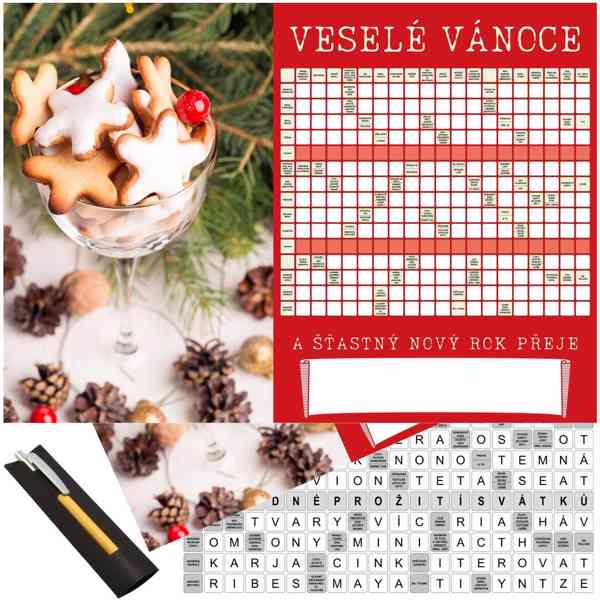 Přání veselé vánoce s křížovkou + kuličkové pero + obálka - foto 2