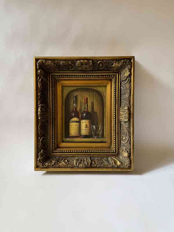 Lahev vína sklenice - obraz ve zlatém zdobeném rámu - foto 1