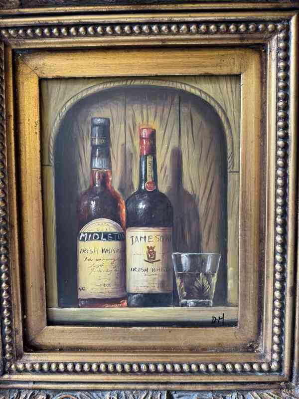Lahev vína sklenice - obraz ve zlatém zdobeném rámu - foto 2