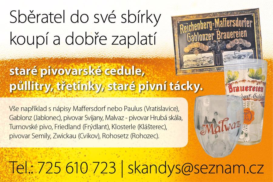 Pivní sklo, půllitry, třetinky, pivovarské cedule.
