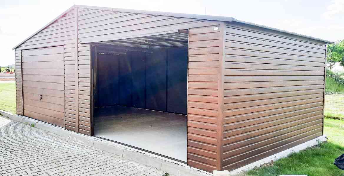 Plechová garáž 8x6m sedlová střecha 2x výklopná vrata TS297 - foto 2