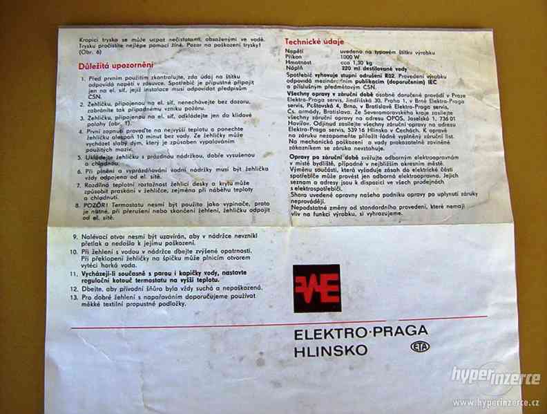 Prodám  plně  funkční  žehličku Elektro-Praga-Hlinsko, typ 1 - foto 3