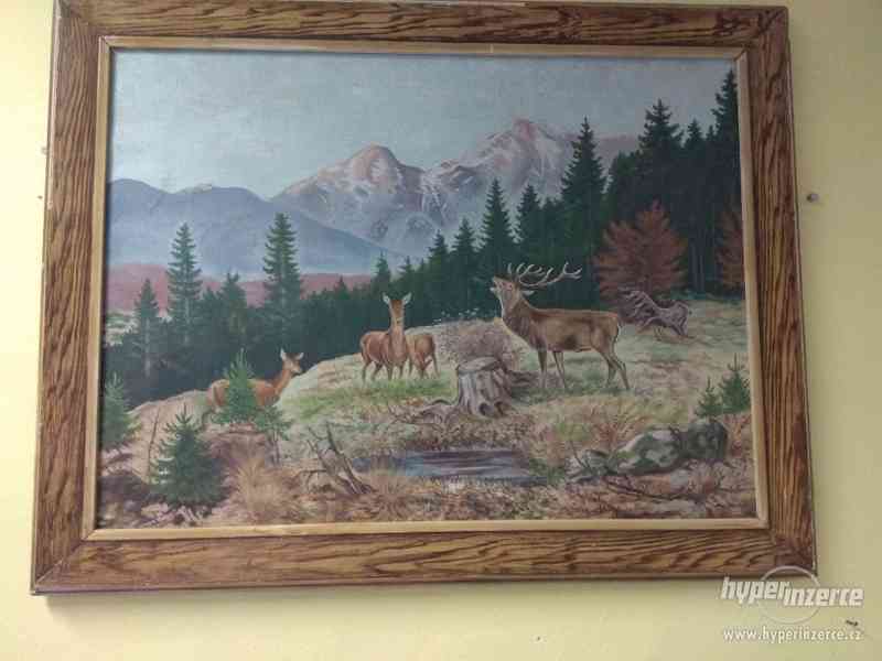 Obraz krajina hory jelen srnky olej na plátně signováno - foto 3