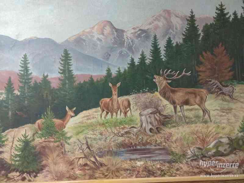 Obraz krajina hory jelen srnky olej na plátně signováno - foto 4