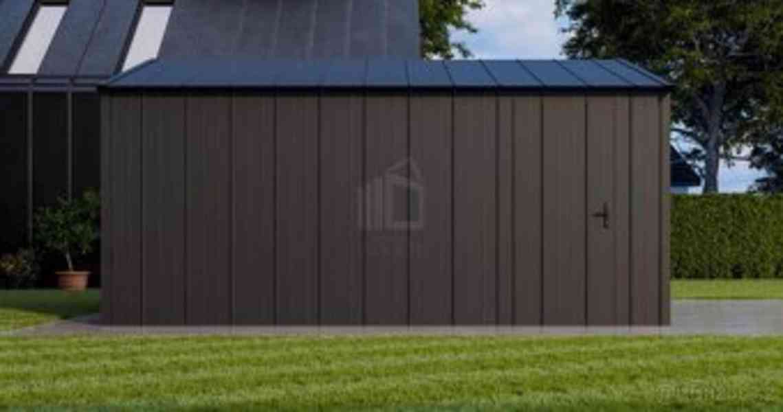 Plechova garáž 4x5m - výklopná vrata, dveře, falcovaný plech - foto 3