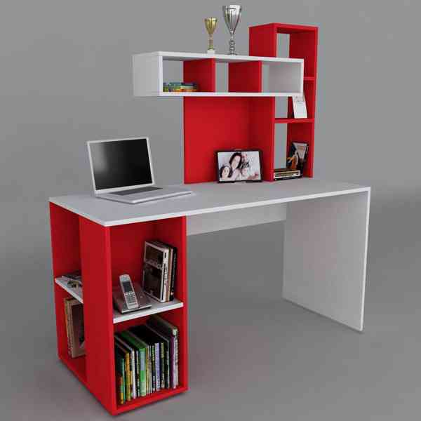 Designový červený psací stůl s policemi - foto 2