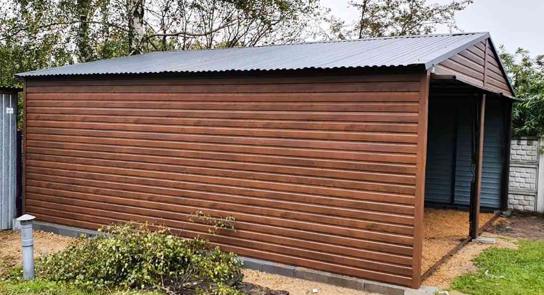 Plechová garáž 6x5m  Imitace dřeva 2x výklopná vrata TS210 - foto 2